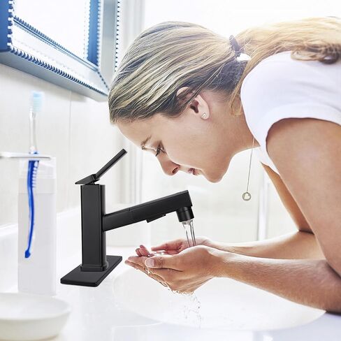 Bathroom Sink Faucet with Pull Out Sprayer, 3 Water Flow Modes Modern Bathroom Faucet with Pop-up Drain Stopper, Single Hole Pull Down Vessel Sink Faucet (Black) in Saudi Arabia