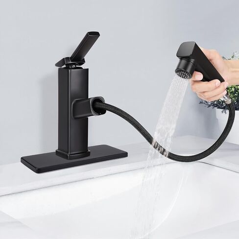 Bathroom Sink Faucet with Pull Out Sprayer, 3 Water Flow Modes Modern Bathroom Faucet with Pop-up Drain Stopper, Single Hole Pull Down Vessel Sink Faucet (Black) in Saudi Arabia