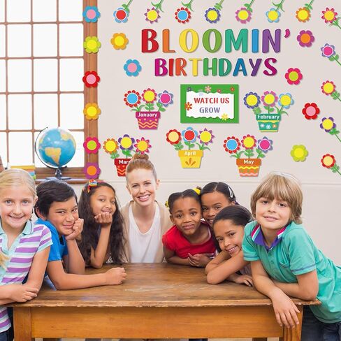 92 Pcs Flowers Birthday Bulletin Board Set Classroom Bloomin' Birthday Paper Cutouts Colorful Watch Us Grow Wall Decoration Cutouts for Kid Classroom Back to School Birthday Party Decor Supply in Saudi Arabia