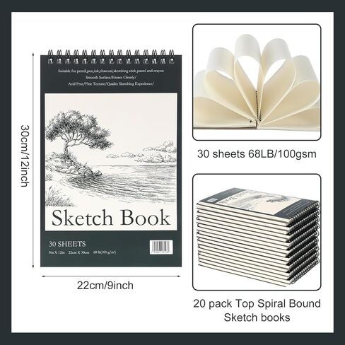 jexine 20 حزمة 9 × 12 بوصة دوامة ملزمة كراسة الرسم 30 ورقة منصات رسم السائبة (68lb / 100gsm) رسم كتاب رسم اللوحة الكتابة ورقة، لوازم الحرف الورقية للأطفال البالغين الفنانين المبتدئين in Saudi Arabia