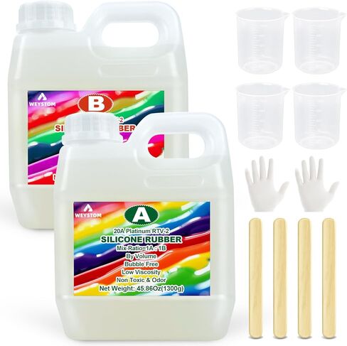 مجموعة صنع قوالب السيليكون من WEYSTOM، 20 أمبير مطاط السيليكون السائل 91.72 أونصة/2.6 كجم، قالب سيليكون سريع المعالجة، سيليكون لصنع القالب الأخضر - نسبة المزيج = 1A: 1B، لصب الراتنج والصابون والشموع والطين in Kuwait