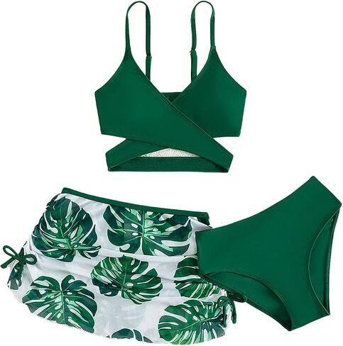 Milumia Girl's 3 Pieces Bikini Set Tropical Print Criss Cross Wrap Bathing Suit with Beach Skirt in Saudi Arabia