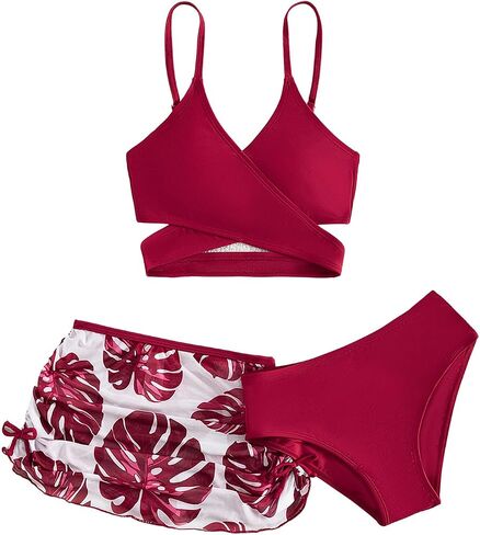 Milumia Girl's 3 Pieces Bikini Set Tropical Print Criss Cross Wrap Bathing Suit with Beach Skirt in Saudi Arabia