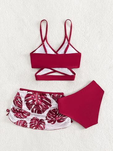 Milumia Girl's 3 Pieces Bikini Set Tropical Print Criss Cross Wrap Bathing Suit with Beach Skirt in Saudi Arabia