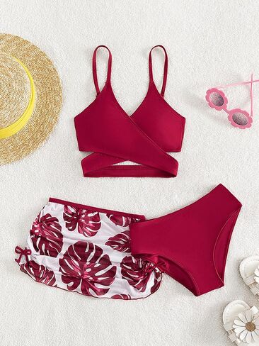 Milumia Girl's 3 Pieces Bikini Set Tropical Print Criss Cross Wrap Bathing Suit with Beach Skirt in Saudi Arabia