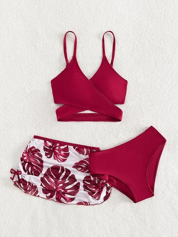 Milumia Girl's 3 Pieces Bikini Set Tropical Print Criss Cross Wrap Bathing Suit with Beach Skirt in Saudi Arabia
