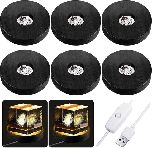 6 Pcs 3.94'' x 0.79'' Black Wood LED Light Base Warm Light LED Wood Display Base Round LED Stand USB Light Base with 6 LEDs for Glass Art 3D Crystal Ball Table Centerpiece in Saudi Arabia
