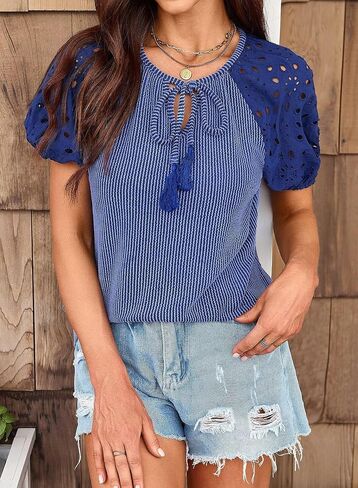 Womens Summer Tops V Neck Puff Sleeve Shirt Dressy Casual Babydoll Blouses Vacation Cute Tunic 2025 in Saudi Arabia