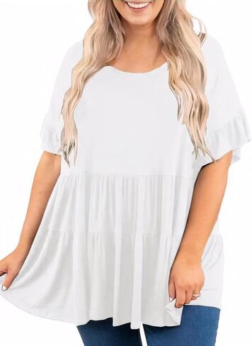 Beautife Womens Plus Size Babydoll Tops Ruffle Short Sleeve Peplum Flowy Shirts Summer Casual Loose Fit Tunic Blouses in Saudi Arabia