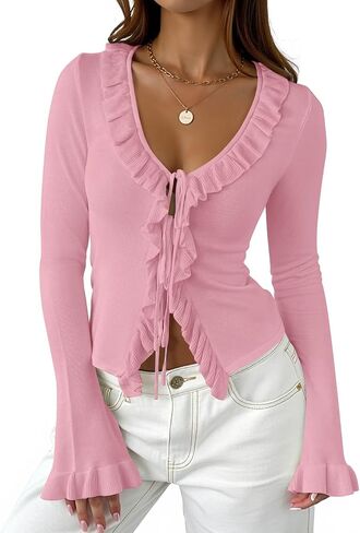 Zesica Womens 2025 Fall Tie Bow Bow Cardigan Subtigan Switgan Long Bell Sleeve V الرقبة المكشوف in Saudi Arabia