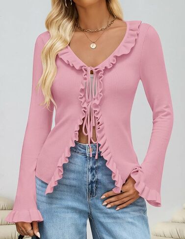Zesica Womens 2025 Fall Tie Bow Bow Cardigan Subtigan Switgan Long Bell Sleeve V الرقبة المكشوف in Saudi Arabia