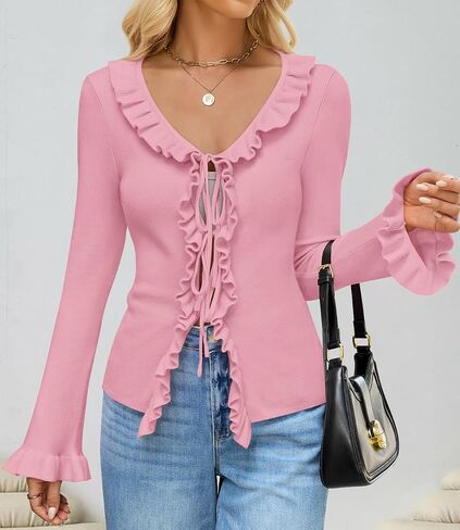 Zesica Womens 2025 Fall Tie Bow Bow Cardigan Subtigan Switgan Long Bell Sleeve V الرقبة المكشوف in Saudi Arabia