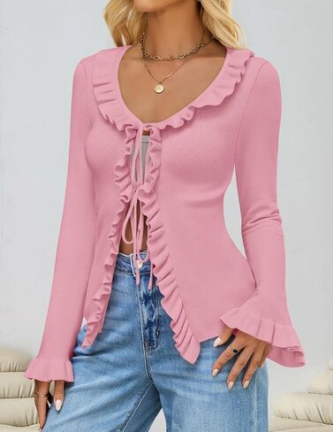Zesica Womens 2025 Fall Tie Bow Bow Cardigan Subtigan Switgan Long Bell Sleeve V الرقبة المكشوف in Saudi Arabia