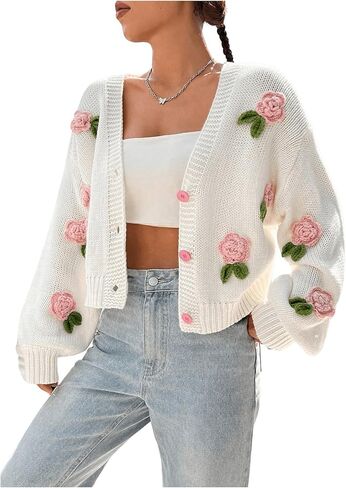 زر الأزهار النسائي Gorglitter Up Cardigan المفتوح الأمامي متماسكة لطيف سترة طويلة الأكمام سقوط السقوط العصرية 2025 in Saudi Arabia