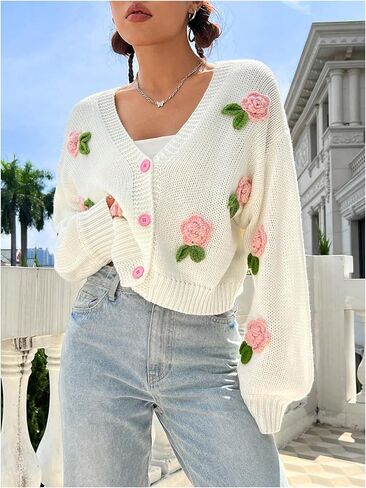 زر الأزهار النسائي Gorglitter Up Cardigan المفتوح الأمامي متماسكة لطيف سترة طويلة الأكمام سقوط السقوط العصرية 2025 in Saudi Arabia