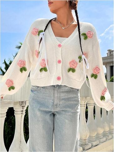 زر الأزهار النسائي Gorglitter Up Cardigan المفتوح الأمامي متماسكة لطيف سترة طويلة الأكمام سقوط السقوط العصرية 2025 in Saudi Arabia