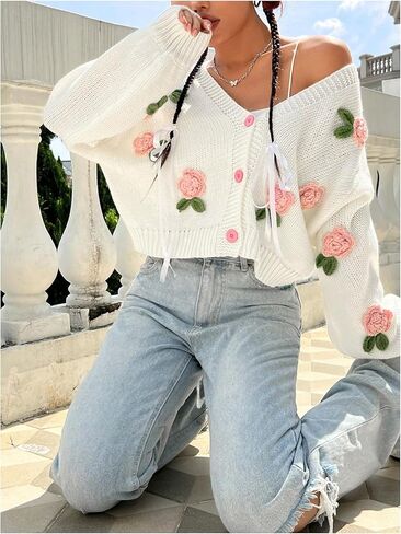 زر الأزهار النسائي Gorglitter Up Cardigan المفتوح الأمامي متماسكة لطيف سترة طويلة الأكمام سقوط السقوط العصرية 2025 in Saudi Arabia