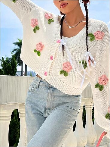زر الأزهار النسائي Gorglitter Up Cardigan المفتوح الأمامي متماسكة لطيف سترة طويلة الأكمام سقوط السقوط العصرية 2025 in Saudi Arabia