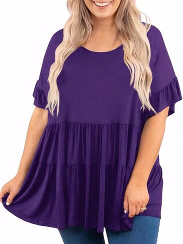 Beautife Womens Plus Size Babydoll Tops Ruffle Short Sleeve Peplum Flowy Shirts Summer Casual Loose Fit Tunic Blouses in Saudi Arabia