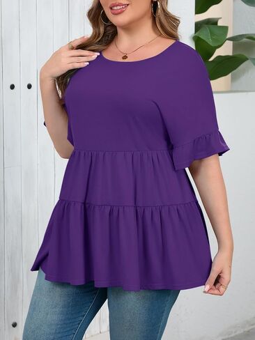 Beautife Womens Plus Size Babydoll Tops Ruffle Short Sleeve Peplum Flowy Shirts Summer Casual Loose Fit Tunic Blouses in Saudi Arabia