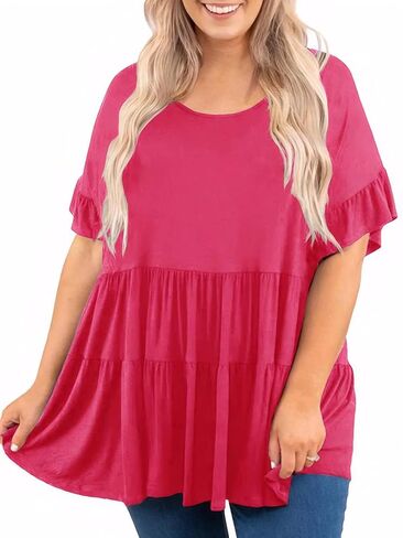Beautife Womens Plus Size Babydoll Tops Ruffle Short Sleeve Peplum Flowy Shirts Summer Casual Loose Fit Tunic Blouses in Saudi Arabia