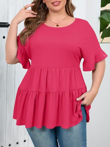 Beautife Womens Plus Size Babydoll Tops Ruffle Short Sleeve Peplum Flowy Shirts Summer Casual Loose Fit Tunic Blouses in Saudi Arabia