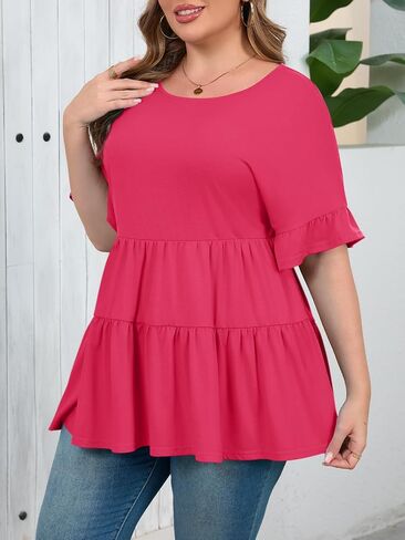 Beautife Womens Plus Size Babydoll Tops Ruffle Short Sleeve Peplum Flowy Shirts Summer Casual Loose Fit Tunic Blouses in Saudi Arabia
