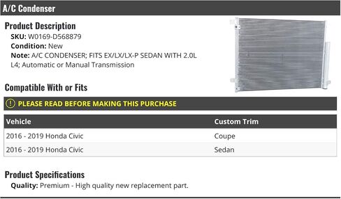 A/C Condenser - Compatible with 2016-2019 Honda Civic 2.0L EX/LX/LX-P Sedan in Saudi Arabia