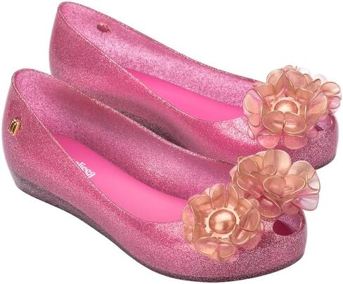 mini melissa Ultragirl Springtime Ballet Flats for Girls - Comfortable & Cute Peep Toe Jelly Flat Shoes with Flower Bows, Jelly Shoes for Kids, Glitter Lilac, 3 in Kuwait