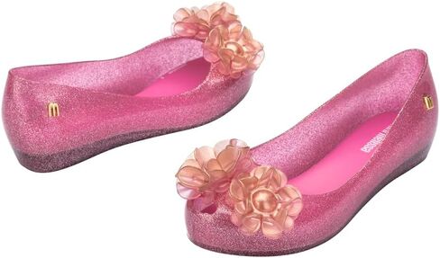 mini melissa Ultragirl Springtime Ballet Flats for Girls - Comfortable & Cute Peep Toe Jelly Flat Shoes with Flower Bows, Jelly Shoes for Kids, Glitter Lilac, 3 in Kuwait