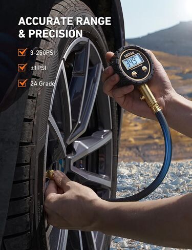 مقياس ضغط الإطارات الرقمي Astroai Pro 3-250ppsi ANSI B40.7 الصف 2A (± 0.4 ٪) ، مقياس الإطارات لضغط الإطارات ، نحاس صلب مع خرطوم مطاطي ، صمام نزيف الهواء ، LED الخلفي ، إكسسوارات السيارة ، الأزرق in Kuwait
