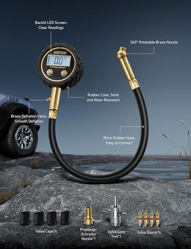مقياس ضغط الإطارات الرقمي Astroai Pro 3-250ppsi ANSI B40.7 الصف 2A (± 0.4 ٪) ، مقياس الإطارات لضغط الإطارات ، نحاس صلب مع خرطوم مطاطي ، صمام نزيف الهواء ، LED الخلفي ، إكسسوارات السيارة ، الأزرق in Kuwait