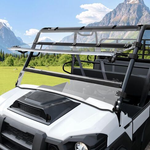 3-IN-1 Flip Up Windshield for Kawasaki Mule Pro FXT DXT DX FX 2015-2025, 1/5" Hard Coated PC Adjustable Flip Foldable Windscreen, Open/Vented/Closed, Installation Video in Saudi Arabia