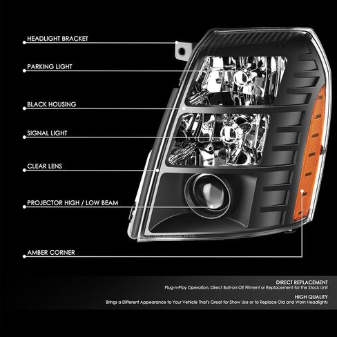زوجات محرك الحمض النووي المصابيح الأمامية OE Style Projector متوافقة مع 07-14 Cadillac Escalade ESV Ext ، Chrome/Clear ، HL-OH-CE07-CL1 in Saudi Arabia