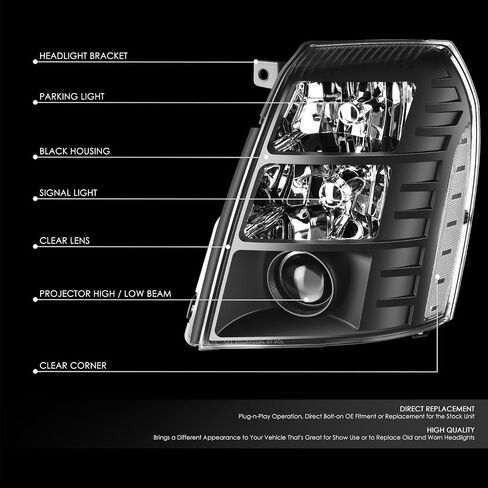 DNA MOTORING Pair OE Style Projector Headlights Compatible with 07-14 Cadillac Escalade ESV EXT, Chrome/Clear, HL-OH-CE07-CH-CL1 in Kuwait