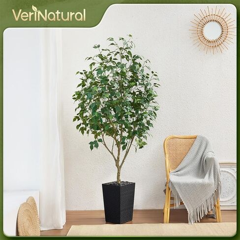 5FT Artificial Ficus Tree with Black Taper Planter & Pebbles– Tall Faux Trees with UV Resistant Silk Leaves for Indoor Outdoor - Potted Fake Floor Plants for Home Office Room Decor, VN128 in Kuwait