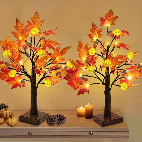 TURNMEON 2 Pack 22 Inch Prelit Fall Maple Tree Thanksgiving Decorations with 48 LEDs Timer Battery Operated Lighted Pumpkins 12 Acorn Tabletop Home in Saudi Arabia