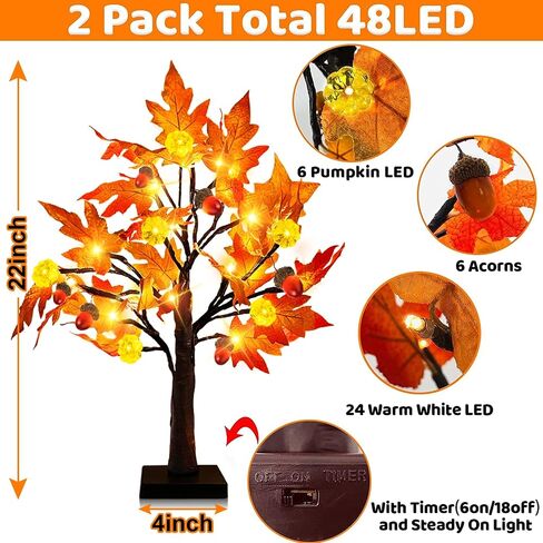 TURNMEON 2 Pack 22 Inch Prelit Fall Maple Tree Thanksgiving Decorations with 48 LEDs Timer Battery Operated Lighted Pumpkins 12 Acorn Tabletop Home in Saudi Arabia