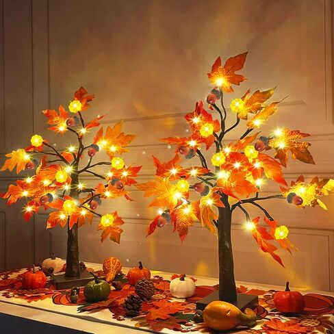 TURNMEON 2 Pack 22 Inch Prelit Fall Maple Tree Thanksgiving Decorations with 48 LEDs Timer Battery Operated Lighted Pumpkins 12 Acorn Tabletop Home in Saudi Arabia