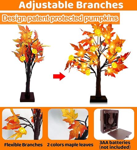 TURNMEON 2 Pack 22 Inch Prelit Fall Maple Tree Thanksgiving Decorations with 48 LEDs Timer Battery Operated Lighted Pumpkins 12 Acorn Tabletop Home in Saudi Arabia