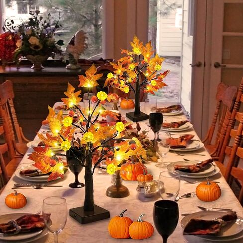 TURNMEON 2 Pack 22 Inch Prelit Fall Maple Tree Thanksgiving Decorations with 48 LEDs Timer Battery Operated Lighted Pumpkins 12 Acorn Tabletop Home in Saudi Arabia