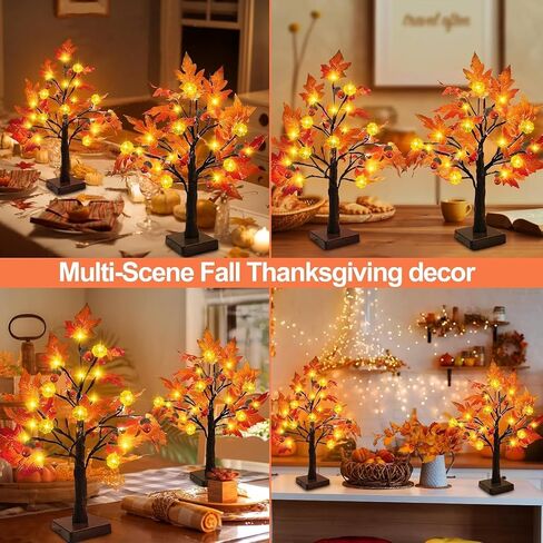 TURNMEON 2 Pack 22 Inch Prelit Fall Maple Tree Thanksgiving Decorations with 48 LEDs Timer Battery Operated Lighted Pumpkins 12 Acorn Tabletop Home in Saudi Arabia