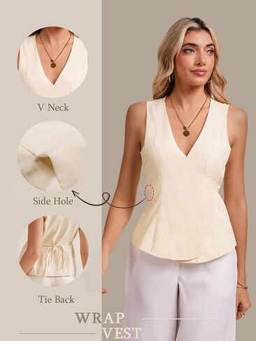 Womens Wrap Vest Tops Trendy Summer Going Out Business Casual Top Sleeveless V Neck Self Tie Waist Cami Shirts in Saudi Arabia