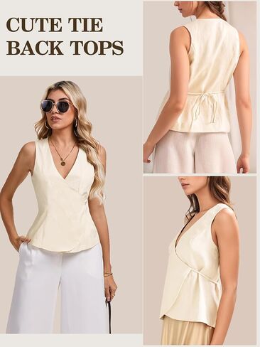 Womens Wrap Vest Tops Trendy Summer Going Out Business Casual Top Sleeveless V Neck Self Tie Waist Cami Shirts in Saudi Arabia