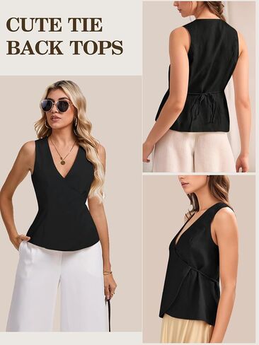 Womens Wrap Vest Tops Trendy Summer Going Out Business Casual Top Sleeveless V Neck Self Tie Waist Cami Shirts in Saudi Arabia