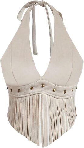 MakeMechic Women's Cowgirl Fringe Faux Suede Halter Tops Western Tie Tie Backlessless Slyveless Festival Top Top in Kuwait