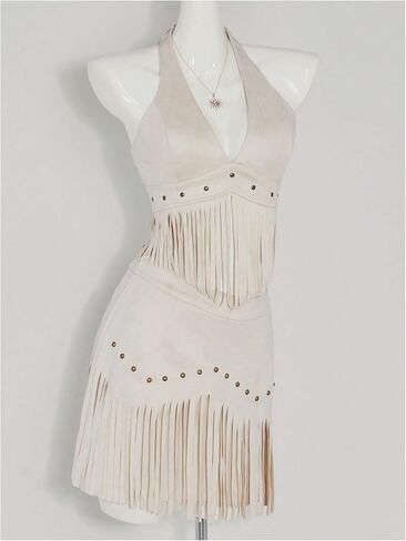 MakeMechic Women's Cowgirl Fringe Faux Suede Halter Tops Western Tie Tie Backlessless Slyveless Festival Top Top in Kuwait