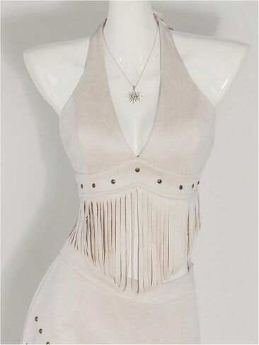 MakeMechic Women's Cowgirl Fringe Faux Suede Halter Tops Western Tie Tie Backlessless Slyveless Festival Top Top in Kuwait