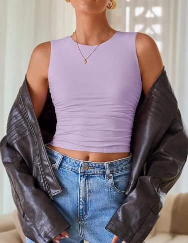قمم دبابة الصيف Zesica Womens 2025 Crewneck Crewneck Slim Slid Side Ruched قميص أساسي غير رسمي in Saudi Arabia