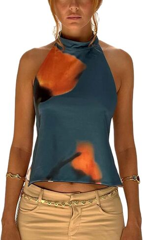 UAURORAO Women Backless Halter Top Mock Neck Boho Floral Tank Tops Open Back Aesthetic Y2k Going Out Club Party Top in Saudi Arabia